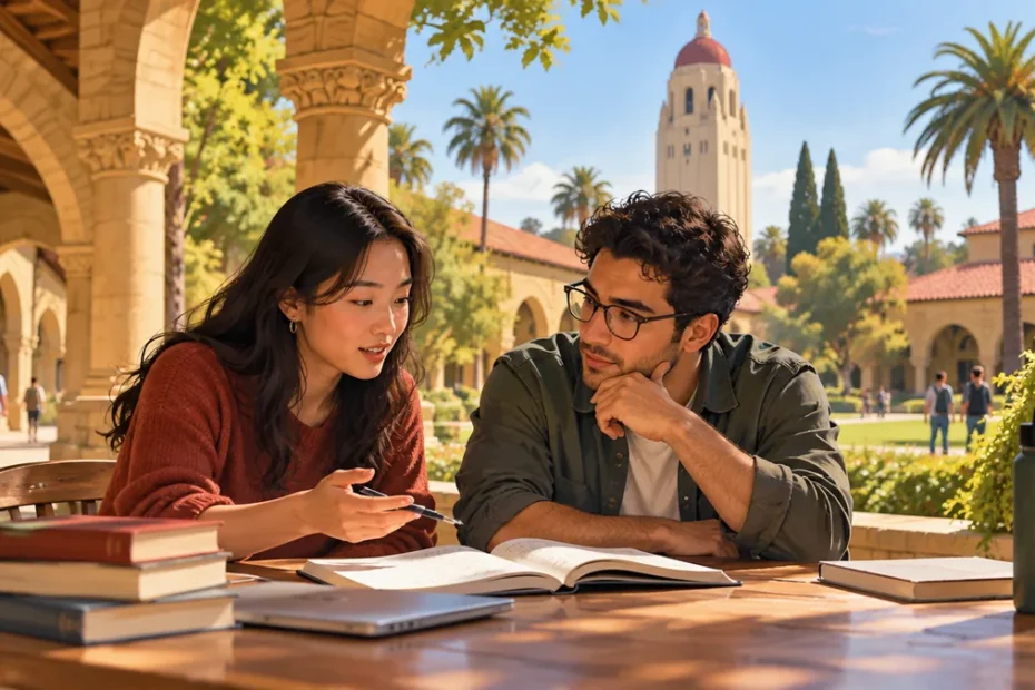 Illustration of two students studying together beside sandstone arches and palm trees on a Stanford-inspired campus.