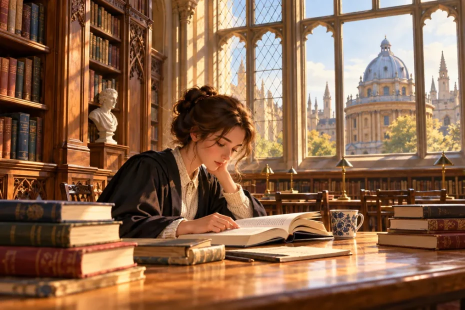 Illustration of a graduate student reading in a historic library with Oxford-inspired architecture visible through the windows.