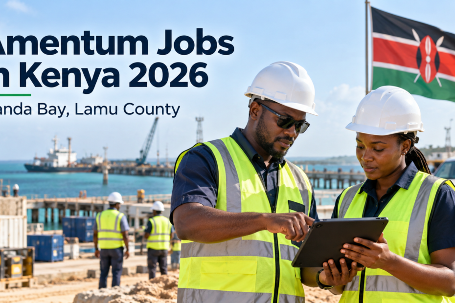 Amentum jobs in Kenya 2026 illustration featuring professionals at a coastal industrial site in Manda Bay, Lamu County