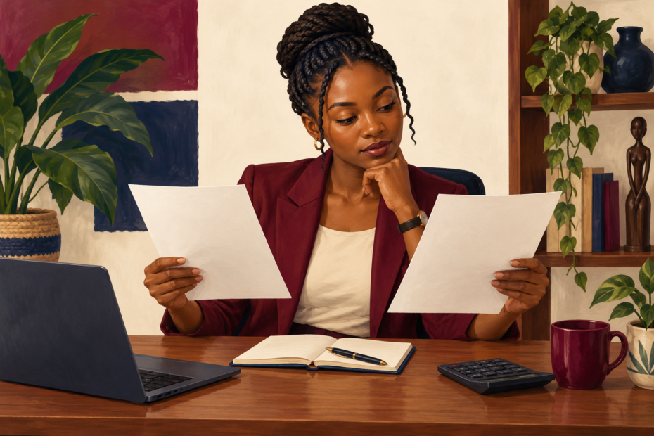 Editorial illustration of a woman comparing two offer documents beside a notebook and calculator.