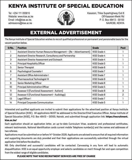 KISE Jobs October 2026: 17 Vacancies in HR, Research, Therapy, Marketing, Legal and More