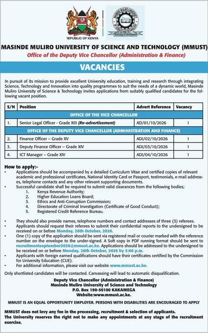 MMUST Jobs October 2026: Senior Legal, Finance and ICT Vacancies — How to Apply