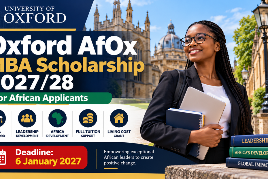 Oxford AfOx MBA Scholarship 2027/28 illustration with an African graduate student on an Oxford campus