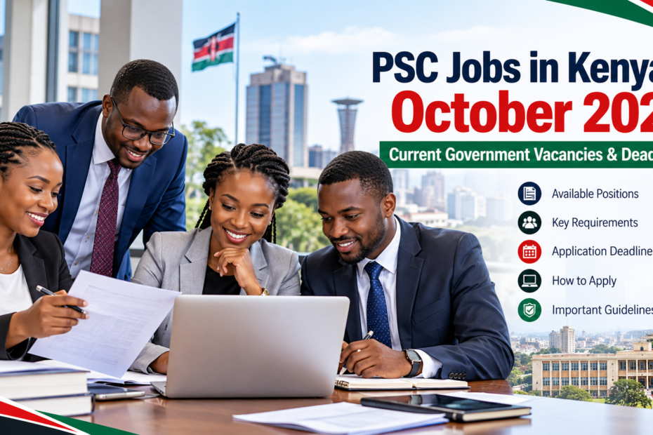 Public Service Commission jobs in Kenya October 2026 illustration with Kenyan professionals reviewing government vacancy information