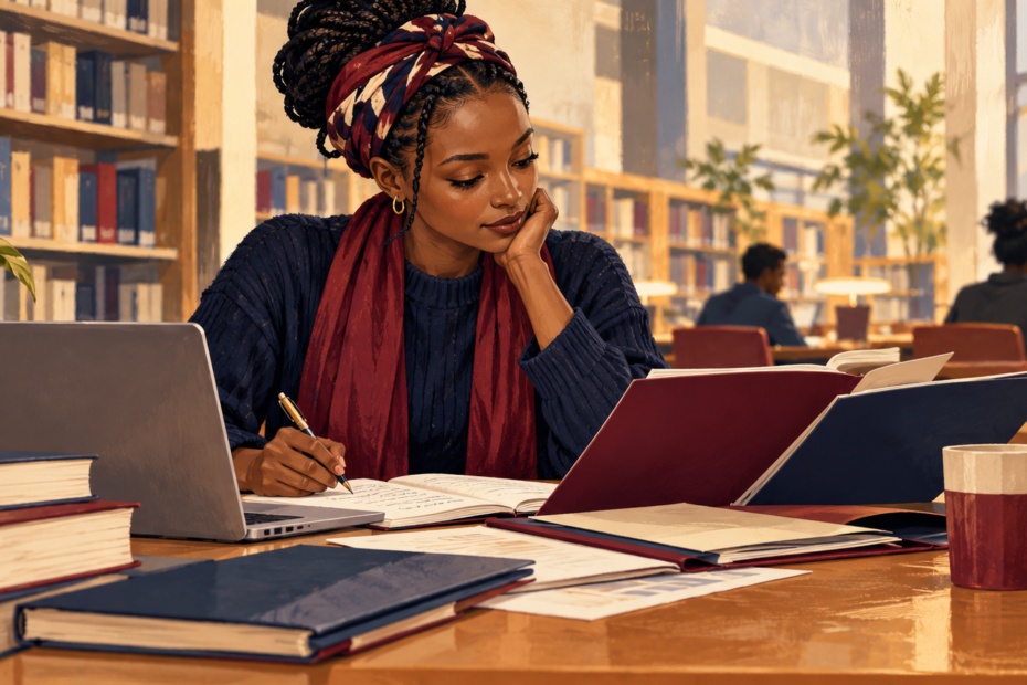 Editorial illustration of a student comparing study folders and taking notes in a library.