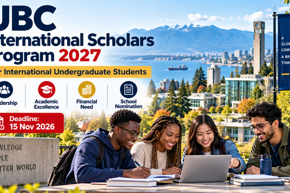 UBC International Scholars Program 2027 illustration with international students studying on a Vancouver campus
