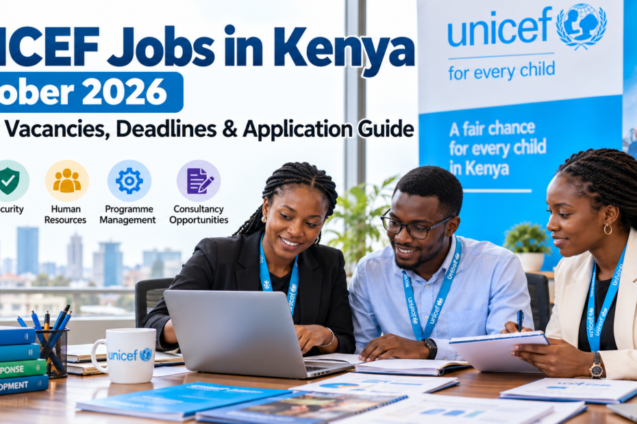 UNICEF jobs in Kenya October 2026 illustration showing professionals working on education and programme recruitment opportunities