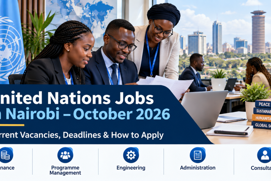 United Nations jobs in Nairobi October 2026 illustration showing professionals reviewing recruitment documents in a Nairobi office