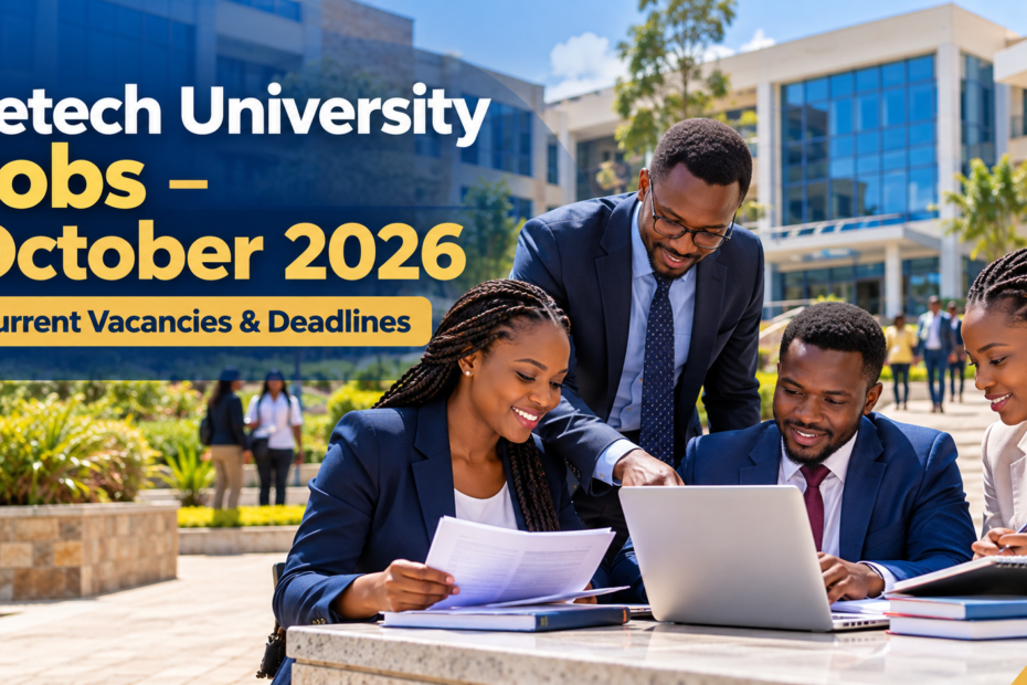 Zetech University jobs October 2026 illustration showing Kenyan professionals reviewing career documents on a modern university campus